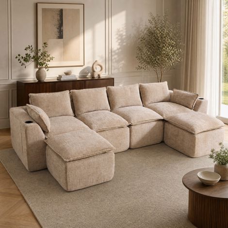 Canapé d'angle modulable 4 places 322x161x75 cm, Canapé compressé en velours côtelé kaki, 2 repose-pieds amovible, style moderne