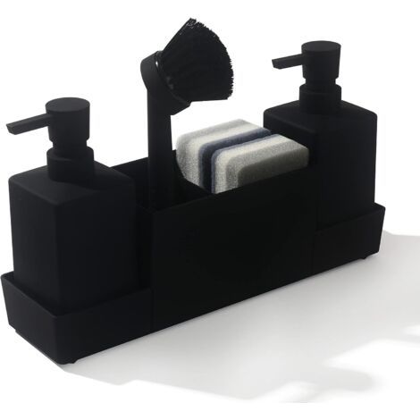 Distributeur de savon de cuisine avec porte-éponge pour évier, distributeur de savon pour les mains et de liquide vaisselle avec brosse (noir)