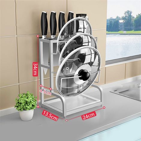 Porte-couvercles 2 en 1, porte-couteaux, en acier inoxydable 304, multifonctionnel, couleur authentique, avec 3 emplacements pour couteaux et 1 porte-baguettes. (1/5)