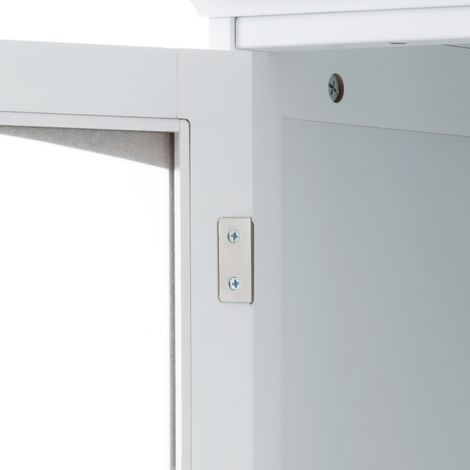 Armoire de salle de bain 45x36x160cm, portes vitrées, 2 caissons, 2 tiroirs, étagères réglables, poignées dorées, glissières inférieures, blanc. (1/5)