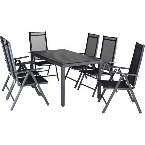 Salon de jardin aluminium 7 pièces anthracite, table WPC 140x80 cm et 6 chaises pliantes (1/5)