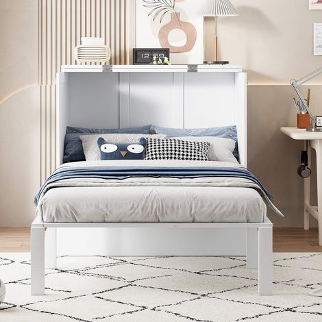 Lit escamotable mural 90x200 cm avec sommier inclus, lit rabattable vertical en bois avec rangement, lit gain de place blanc sans matelas (1/5)