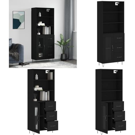 Aparador alto madera contrachapada negro 69,5x34x180 cm - Mueble de almacenamiento - Madera contrachapada