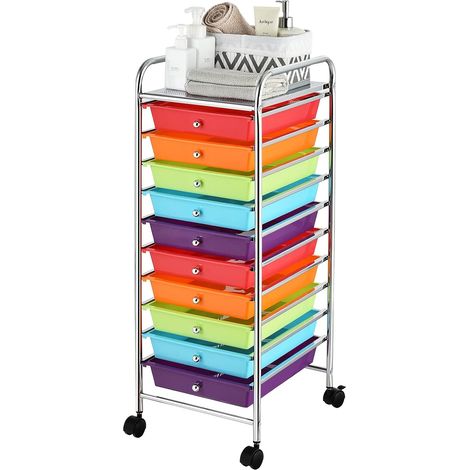 Carrello con 10 Cassetti da Stoccaggio Contenitore Multiuso con Ruote a Freno, per Casa e Ufficio, di Metallo e Plastica (Arcobaleno Scuro) (1/5)