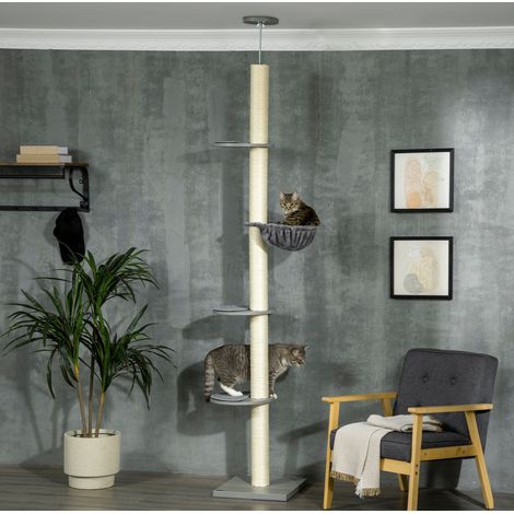 Árbol rascador de techo regulable 230-250 cm con hamaca, rascadores y plataformas gris crema HAVRYA (1/5)