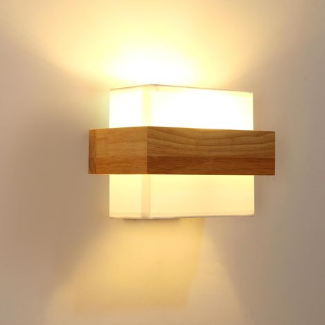 Applique Murale Intérieur Bois, Carré Design Moderne Lampe Murale avec Abat-jour en Tissu, E27 Luminaire Murales Décoration Intérieure pour Chambre Couloir Salon Escalier (1/5)