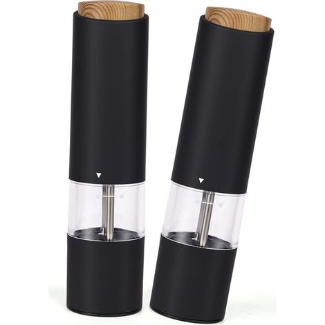 Set mit 2 elektrischen Gewürzmühlen – Schwarz. Hochwertige elektrische Gewürzmühlen mit hervorragendem Preis-Leistungs-Verhältnis für optimales Mahlen von Gewürzen. Küchenaccessoire.