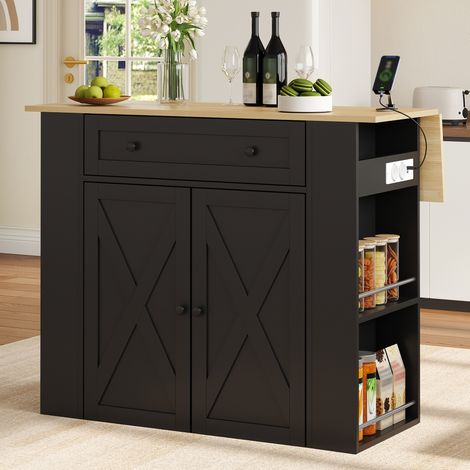 MODFU – Isla de cocina 120x75x97 cm de MDF/aglomerado con tablero abatible, enchufes USB, compartimento, cajón y carga 50 kg – Negro (1/5)