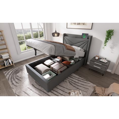 Cama 90x200 cm de lino gris con USB y arcón, para espacios pequeños, sin colchón – MEUBLIV (1/5)
