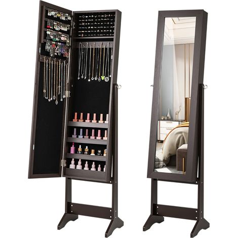 Mobiletto portagioie a specchio indipendente 35 x 30 x 144 cm 64 scomparti per orecchini angolazione regolabile design elegante in MDF color caffè 200018777