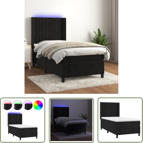 The Living Store Sommier à lattes de lit matelas et LED Noir 90x190 cm Velours - Lit Plateforme - Lit Design - Lit Velours - Lit Avec Rangement - Lit Double (1/5)