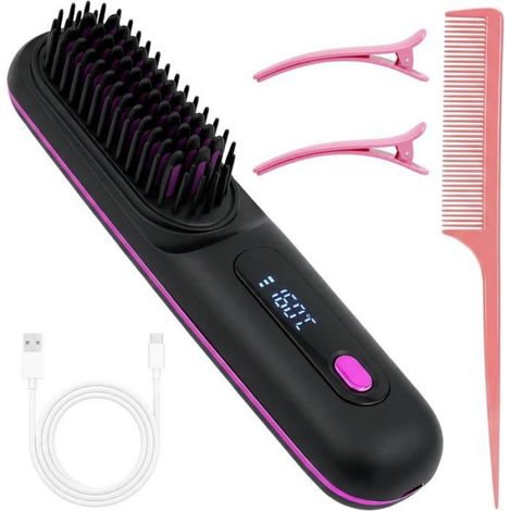 1 Brosse lissante sans fil, Affichage LED, 3 niveaux température, Peigne chauffant portable, Usage domicile voyage (1/5)