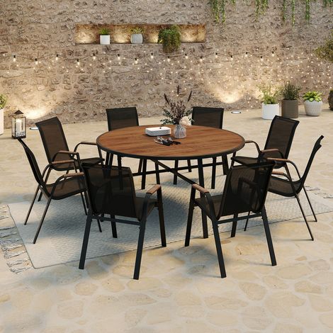 NOUMEA muebles de jardín - 150cm mesa redonda y 8 sillas apilables en negro y madera