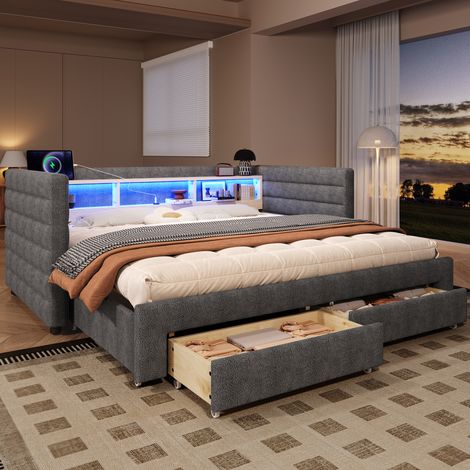 Letto con letto aggiuntivo 90x190 cm con illuminazione LED, porte USB-Type-C, 2 cassetti e vani portaoggetti, senza materasso, grigio (1/5)