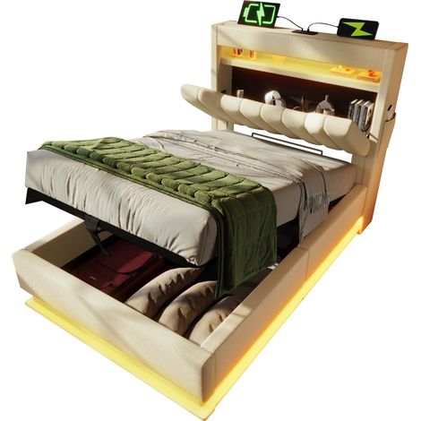 Lit 90x200 cm en lin beige avec LED, tête de lit rangement et ports USB/Type-C, coffre hydraulique + matelas inclus (1/5)