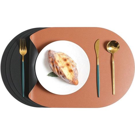 Set de Table Lot de 6,44.5300.18cm Set de Table Cuir et Dessous de Verre Double Face Set de Table Lavable ImperméAbles Set de Table Rond Plastique Dessous de Table (Noir & Marron, Lot de 6) (1/4)