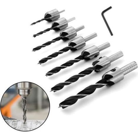 7 pcs Wood Drill Bit Set with HSS Milling Cutter, Woodworking Reamers, Core Drilling, Chamfering, Countersunk Head Bit with Milling and Depth Stop, 90° Countersink Drill Bit Set, Helical Wood Drill Bi (1/4)