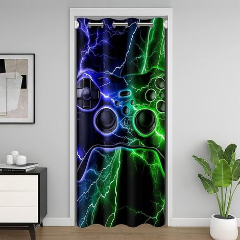 Rideau de Porte Gamer, Rideau Occultant Jeu, Rideaux de Placard Jeux Game Garçon, Rideaux Occultant Bleu Vert Lightning 86 x 203 cm - 86L X 203H cm (1 Panneaux) (1/5)