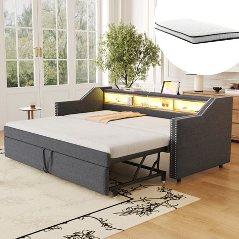 Sofá cama nido 90/180x190 cm gris oscuro en lino con almacenaje, LED, USB y 2 colchones (1/5)