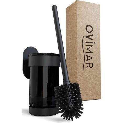 Brosse pour WC Finnkona Noir Support Mural sans percer Brosse de Toilette en Silicone Fonction d'aération à Coller en Acier Inoxydable revêtu tête de Brosse WC Interchangeable (1/5)