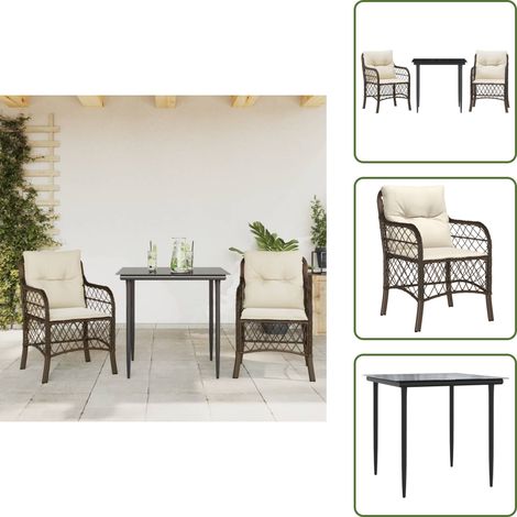 Sitzkissen - vidaXL 3-tlg. Bistro-Set mit Kissen Braun Poly Rattan - Tisch mit Glas (1/5)