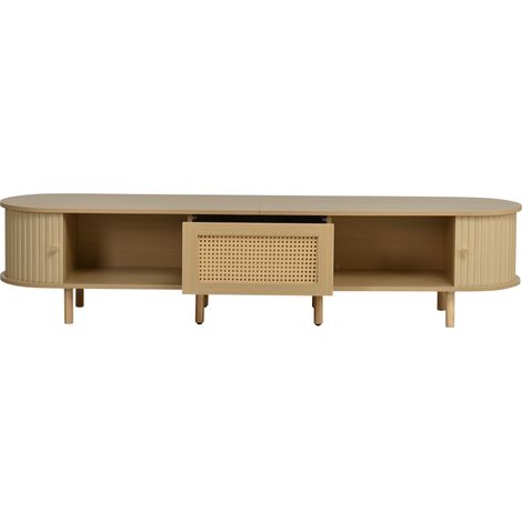 Meuble TV en MDF avec porte coulissante et tiroir en rotin, 180x40x40 cm, couleur bois clair (1/5)
