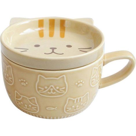 Keramik-Kaffeebecher mit Deckel, niedliches japanisches Katzenmotiv - Ideal für ein Frühstück zu zweit, zu Hause oder im Büro. (1/5)