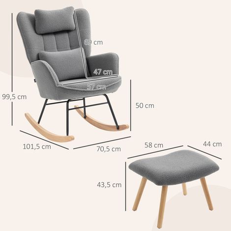 Fauteuil à bascule avec repose-pieds, revêtement en polaire douce, pieds en bois, coussin, dossier haut, gris foncé (1/5)