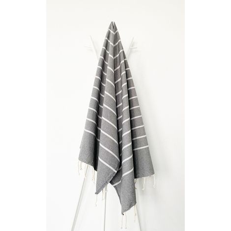 Fouta 100x200 gris foncé rayures gris - 100% coton - franges