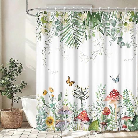 Rideau de douche 180x180cm, anti-moisissure, vert tropical, feuilles d'eucalyptus, palmier, motif champignon, rideau de bain avec 12 crochets (1/5)