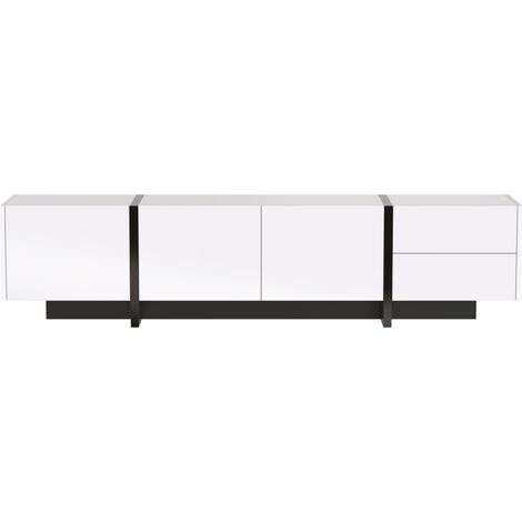 Meuble TV lowboard 190 cm blanc laqué avec pieds noirs, portes et tiroirs avec étagères intégrées (1/5)