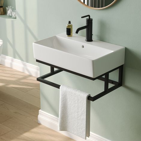 DeerValley Hänge-Handwaschbecken Waschbecken mit schwarzer Handtuchstange – Weißes Rechteckdesign (ca. 56 × 36 cm) mit Einhandloch