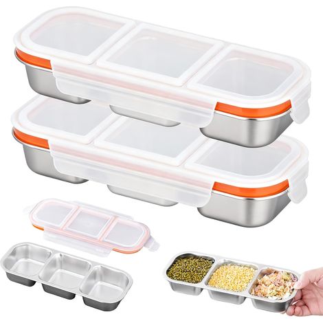 Lunchbox aus Edelstahl: 2 wiederverwendbare Lunchboxen aus Edelstahl mit je 3 Fächern und Kunststoffdeckeln, ideal für die Schule.