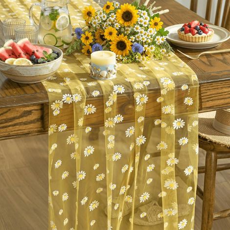 Chemin de table de printemps - Motif pâquerettes jaunes - Tulle - 70 x 300 cm - Décoration de table de cuisine d'été en intérieur, décor de fête/vacances (1/5)