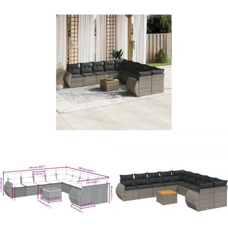 11-tlg. Garten-Sofagarnitur mit Kissen Grau Poly Rattan - Gartenmöbel - Esszimmergarnituren - Outdoor Möbel - Lounge Set - Rattan Gartenmöbel - Home & Living