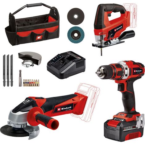 Einhell Pack 3 outils PXC (18V, Perceuse-visseuse, meuleuse, scie sauteuse) Livré avec Batterie 4,0Ah, Chargeur, Sac et Accessoires (1/5)