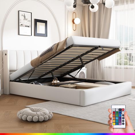Letto contenitore 140x200 cm, illuminazione LED, tessuto similpelle, con spazio di stoccaggio idraulico, porta USB, letto matrimoniale capitonné - bianco (1/5)