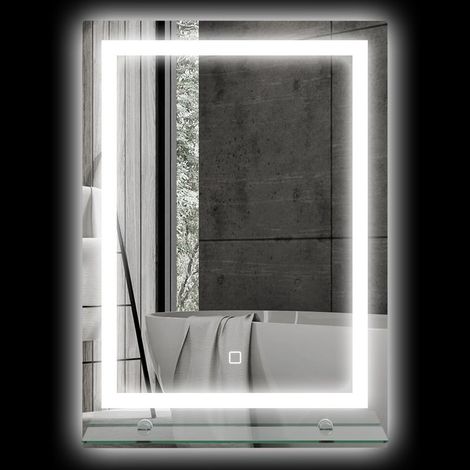 Miroir de salle de bain 50 x 70 cm avec 3 couleurs d'éclairage, étagère en verre, fonction mémoire et interrupteur tactile, argent (1/5)
