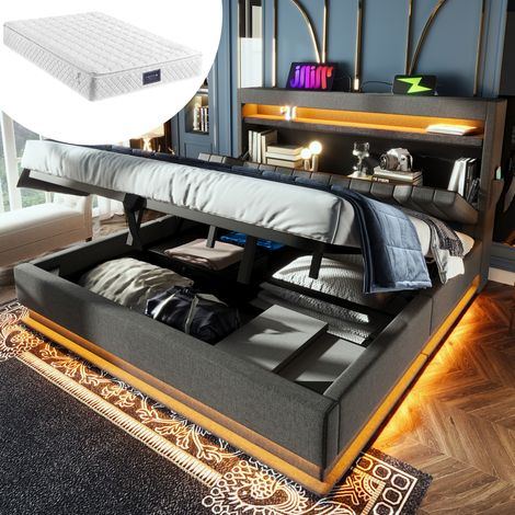 Lit coffre en lin gris 140x200 cm avec matelas, LED, tête de lit avec rangement et ports USB/Type-C (1/5)