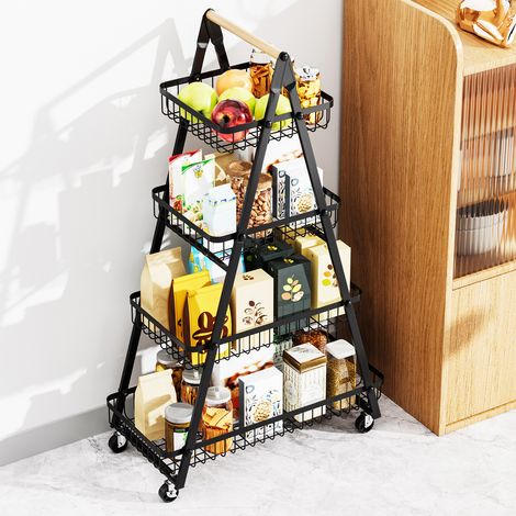 Chariot de Rangement 4 Niveaux en Métal Noir, avec Roues et Poignée en Bois, pour Fruits, Légumes et Conserves, Organisation pour Cuisine et Garde-Manger (1/3)
