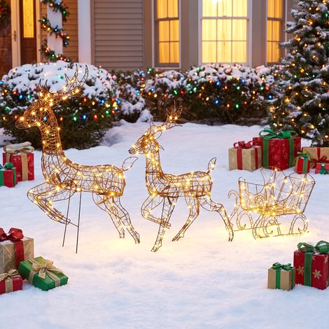 Ensemble de Noël 3 pièces comprenant un renne et un traîneau lumineux, en rotin, avec 240 lumières LED blanc chaud, 8 modes et minuterie (1/5)