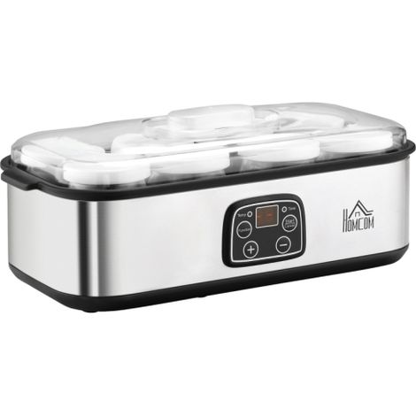Yogurtiera greca con coperchio, 8 contenitori interni in vetro senza BPA (180 ml ciascuno), con display LCD e timer, per un massimo di 1,4 litri di yogurt, 25 W, argento, disponibile in loco. (1/5)