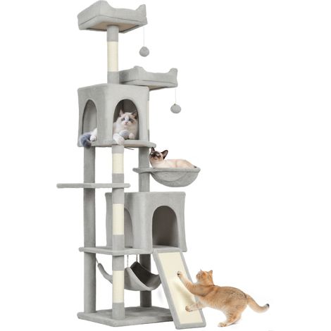 Katzenkratzbaum, Spielturm für Katzen, 3 Plattformen, 2 Abteile, 2 Liegeflächen, 2 Hängematten, 1 Leiter, Höhe 177 cm, hellgrau