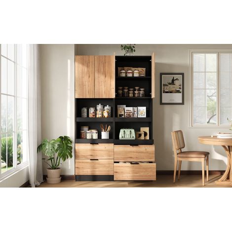 Armadio da cucina 59,5/45/200 cm nero in MDF, con ripiani aperti e 2 cassetti (1/5)