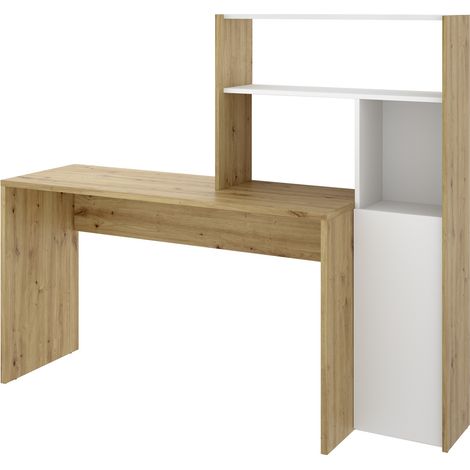 Bureau avec étagère en panneaux de particules mélaminés coloris blanc/chêne-Longueur 130 x Profondeur 50 x Hauteur 139 cm -PEGANE- (1/5)