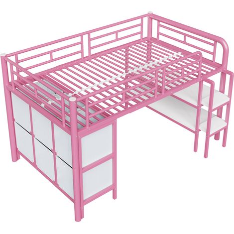 Lit mezzanine enfant 90x200 en métal avec espace de rangement, large escalier, coins arrondis, tiroirs et étagères pour une organisation peu encombrante dans la chambre d’enfant, rose (1/5)