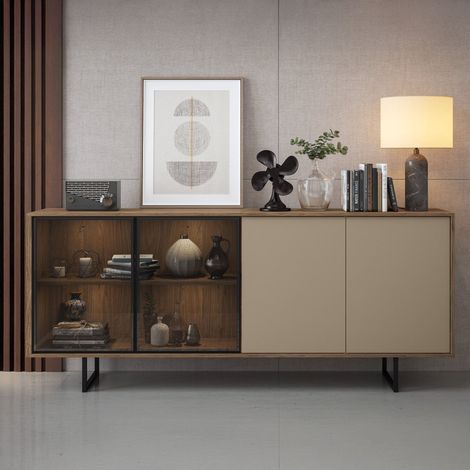 Credenza Malnate, Madia Cassetti, 3 Ripiani, Apertura Battente, 200x40x87h cm Marrone Noce (1/4)