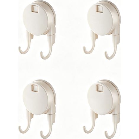Crochet double à ventouse x4 : crochet à ventouse à bouton-poussoir pour salle de bain, toilettes et balcon – grande capacité de charge, sans traces, ABS, repositionnement facile, blanc (1/5)