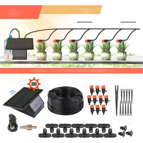 Kit d'irrigation automatique goutte-à-goutte, Système d'arrosage solaire, Dispositif d'arrosage pour plantes, Adapté aux jardins intérieurs et extérieurs (Noir, tuyau de 10 m)