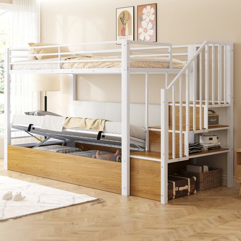 Cama alta 90x200 cm de metal y MDF blanca, con almacenaje hidráulico, escalera con compartimentos y respaldo suave (1/5)
